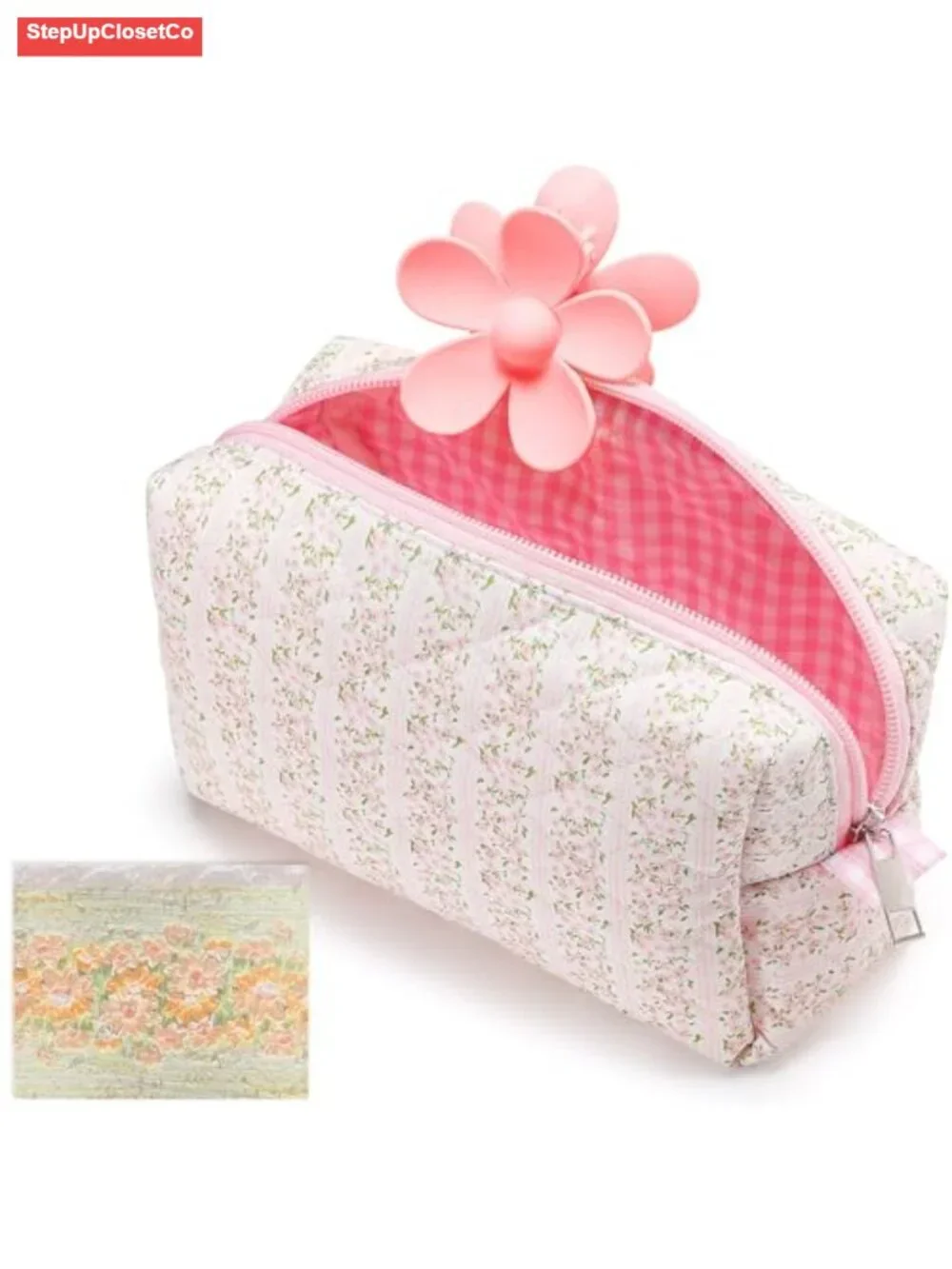 Quilted Cotton Makeup Bag Cute Floral Cosmetic Pouch Travel Toiletry Pencil Case